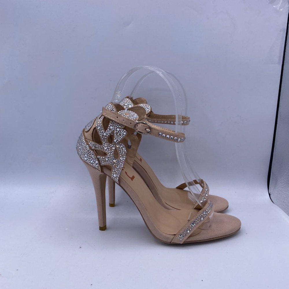 FSJ Nude Rhinestone Stiletto Heels Bridal Sandals - Picture 5 of 15